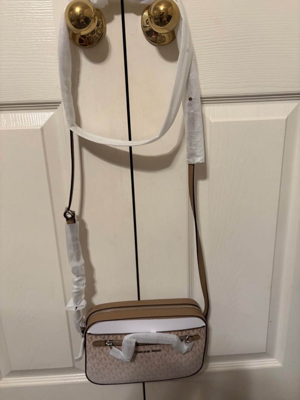 Michael Kors Beige Logo Crossbody with Tan Trim